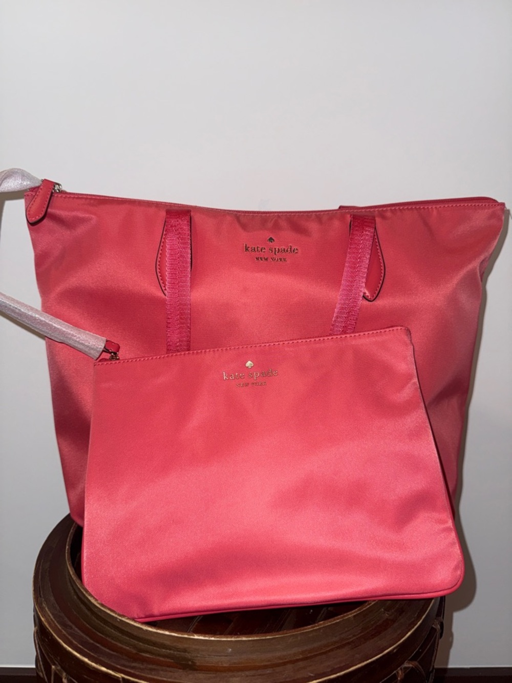 kate spade Nylon Packable Tote with Detachable Pouch in Coral Color